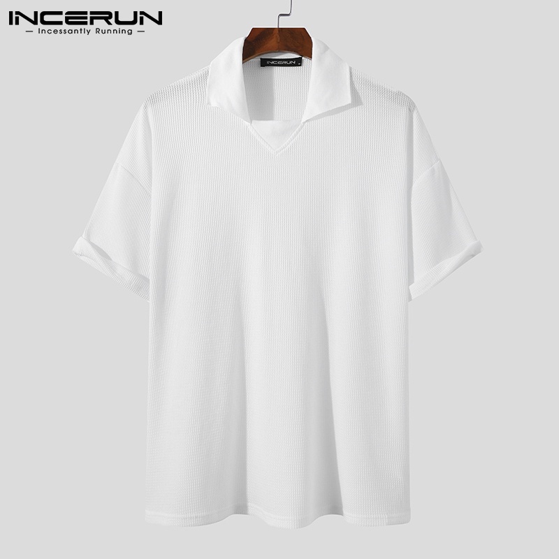 Áo thun INCERUN tay ngắn cổ áo bẻ dáng rộng màu trơn phong cách Hàn Quốc thời trang dành cho nam