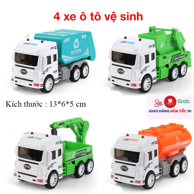 Bộ đồ chơi xe vệ sinh môi trường cho bé gồm 4 chiếc, nhựa ABS an toàn, chi tiêt sắc sảo, chuyển động các khớp xe