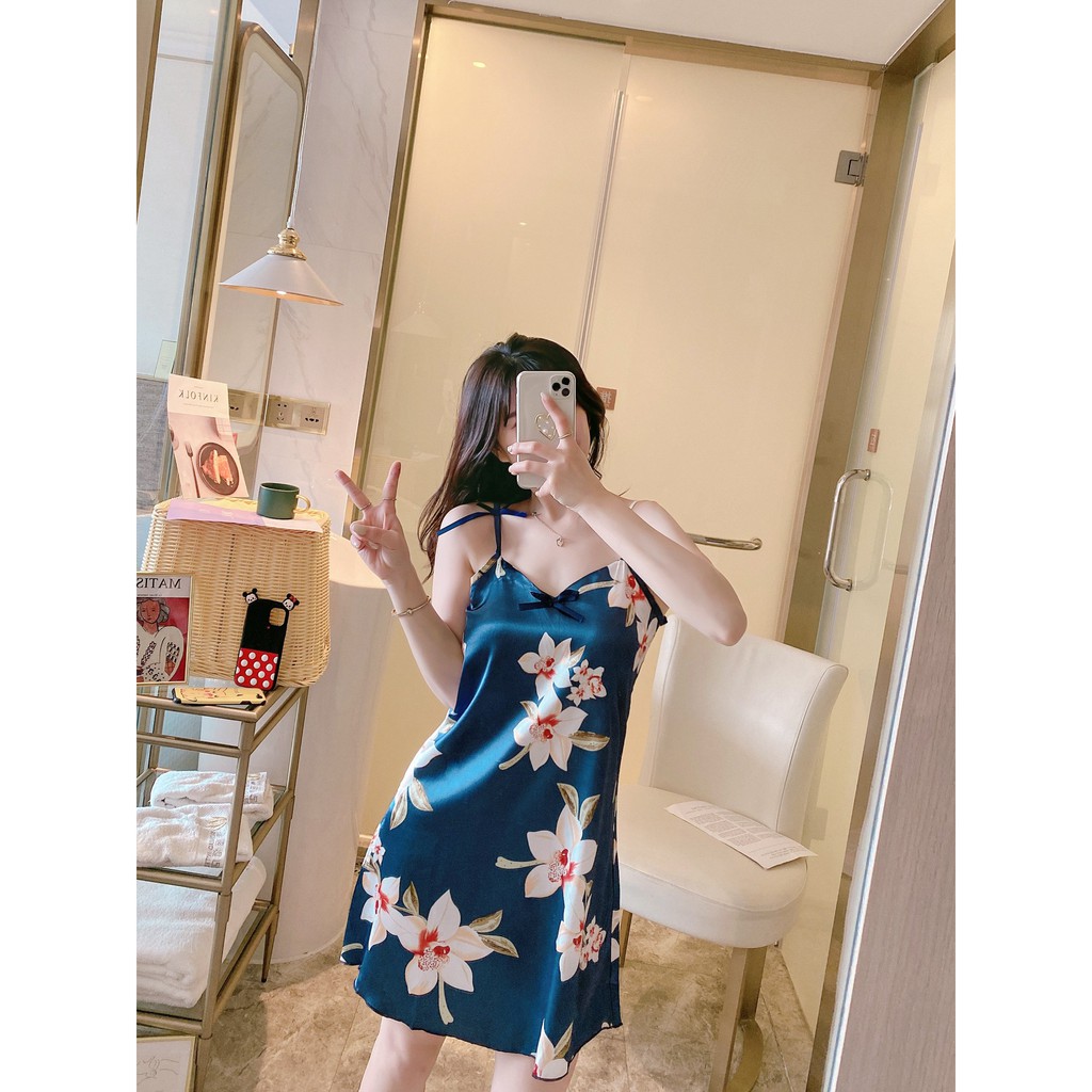 Váy ngủ 2 dây lụa dễ thương dành cho nữ mùa hè,đầm ngủ lụa 2 dây hàng Quảng Châu
