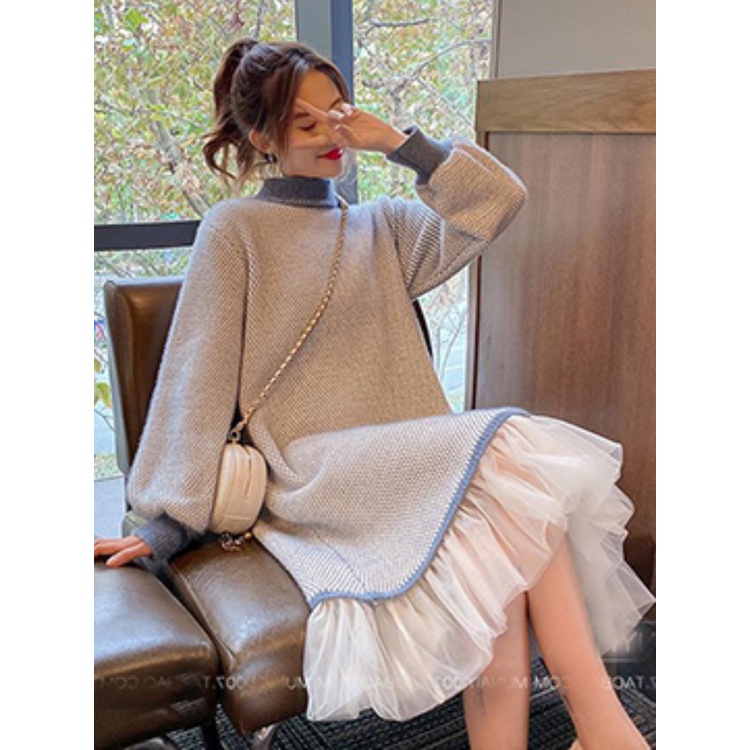 Đầm Tay Dài Cổ Cao Phối Lưới Dày Dặn Ấm Áp Thời Trang Mùa Đông Cho Nữ