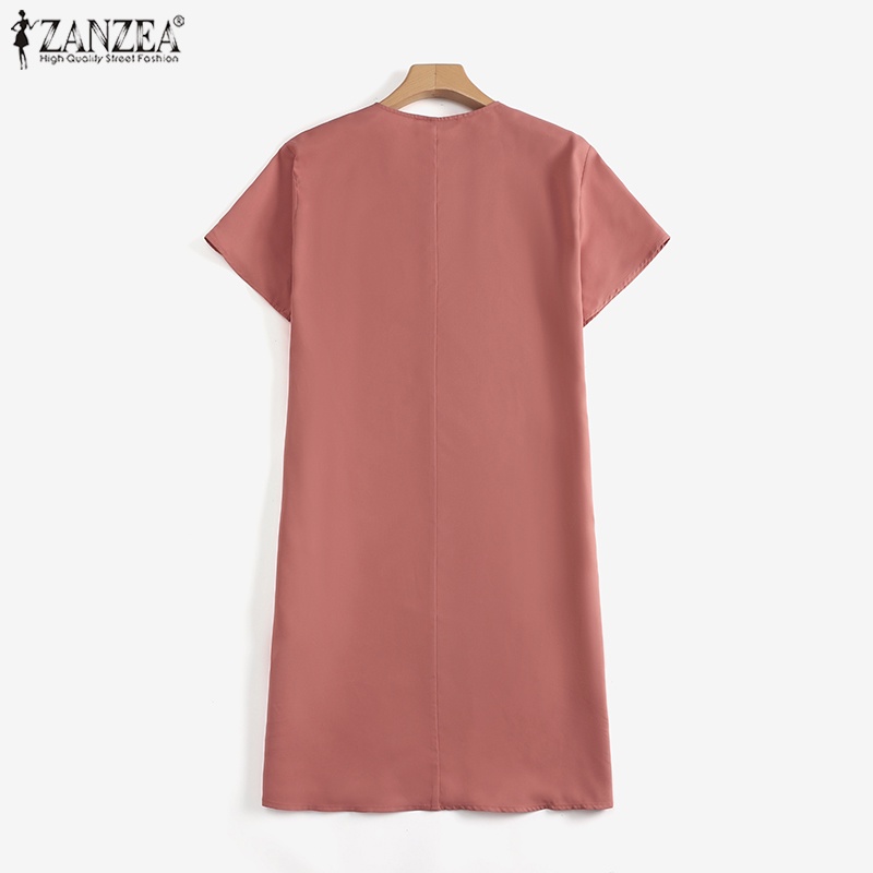 Đầm midi ZANZEA tay ngắn cổ v xẻ tà thời trang cho nữ