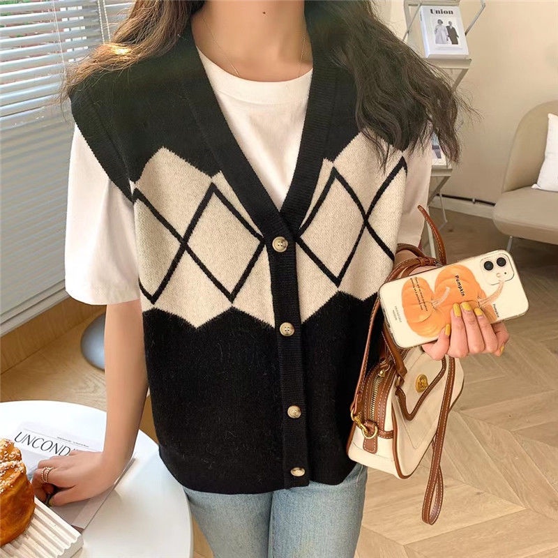 Áo Sweater Dệt Kim Không Tay Cổ Chữ v Họa Tiết Kim Cương Màu Sắc Tương Phản Phong Cách Hàn Quốc