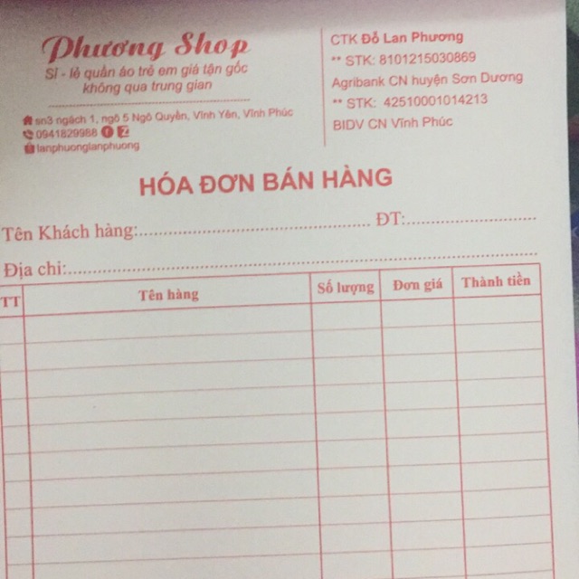 Hoá đơn phương hàng đẹp 2 liên