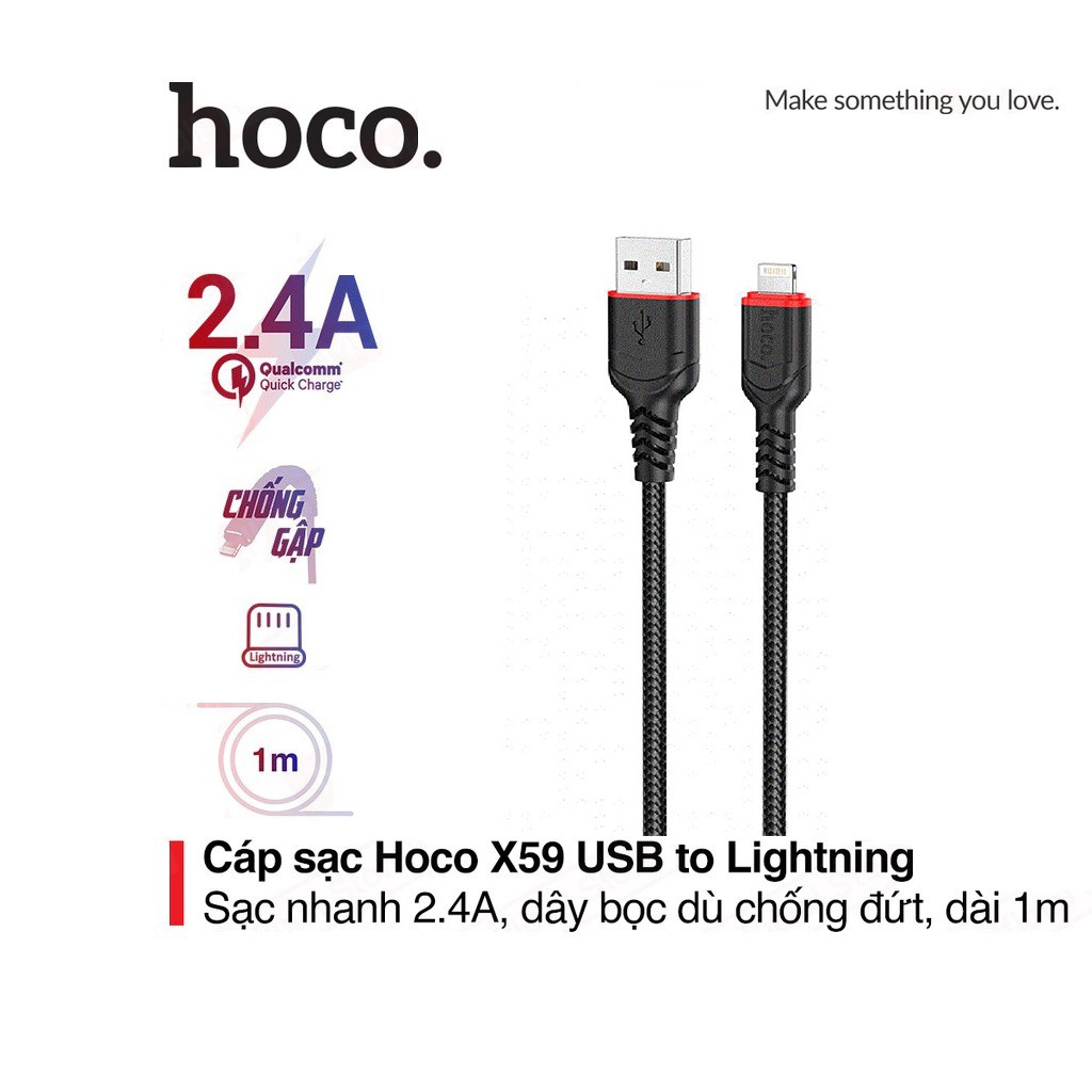 Cáp sạc nhanh 2.4A Hoco X59 chân Lightning dây Nylon siêu bền dành cho iPhone/iPad 1M / 2M
