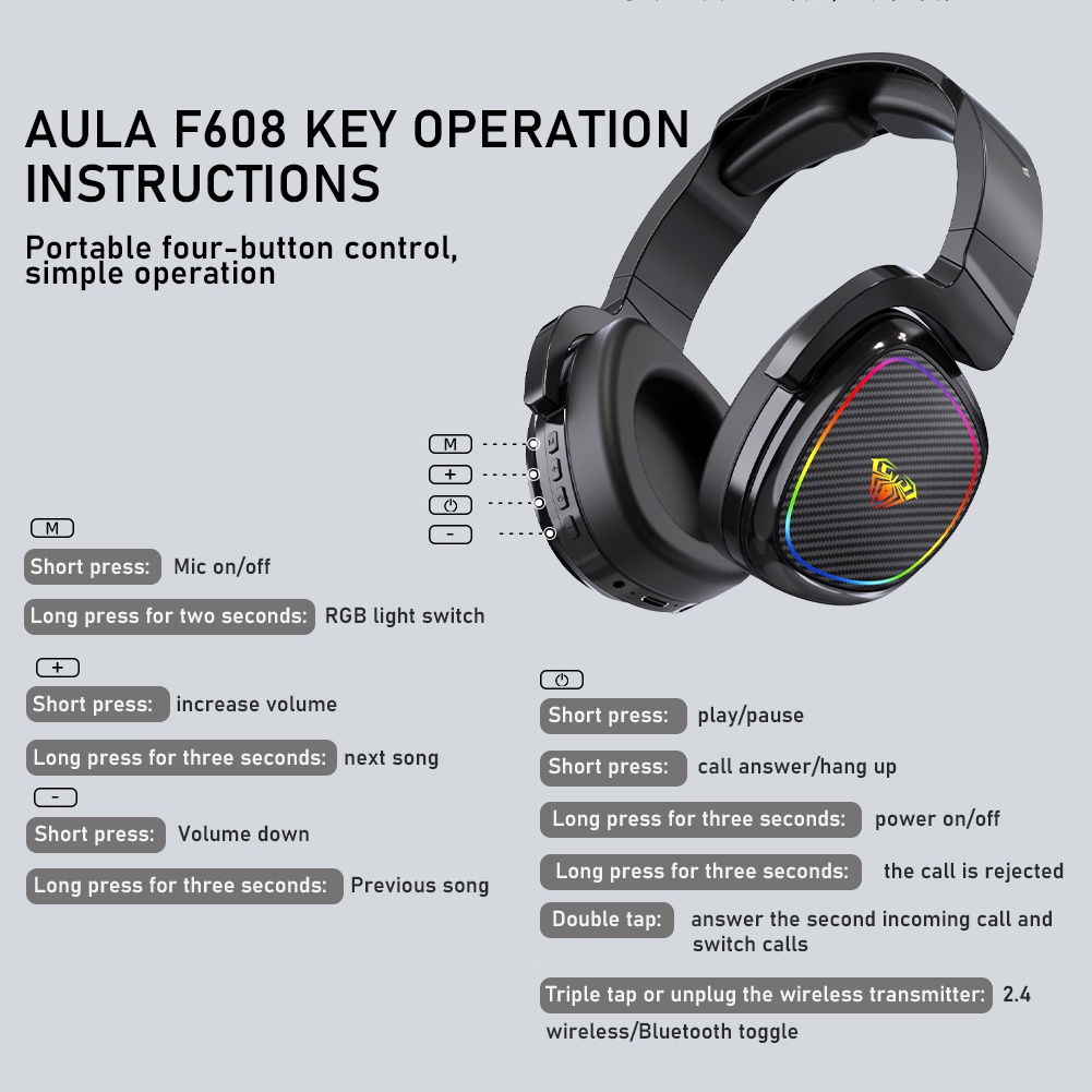 Tai Nghe Chụp Tai AULA F608 Có Dây + 2.4G + bluetooth) Chống Tiếng Ồn Có Đèn LED Dành Cho Điện Thoại / Máy Tính Bảng / Laptop