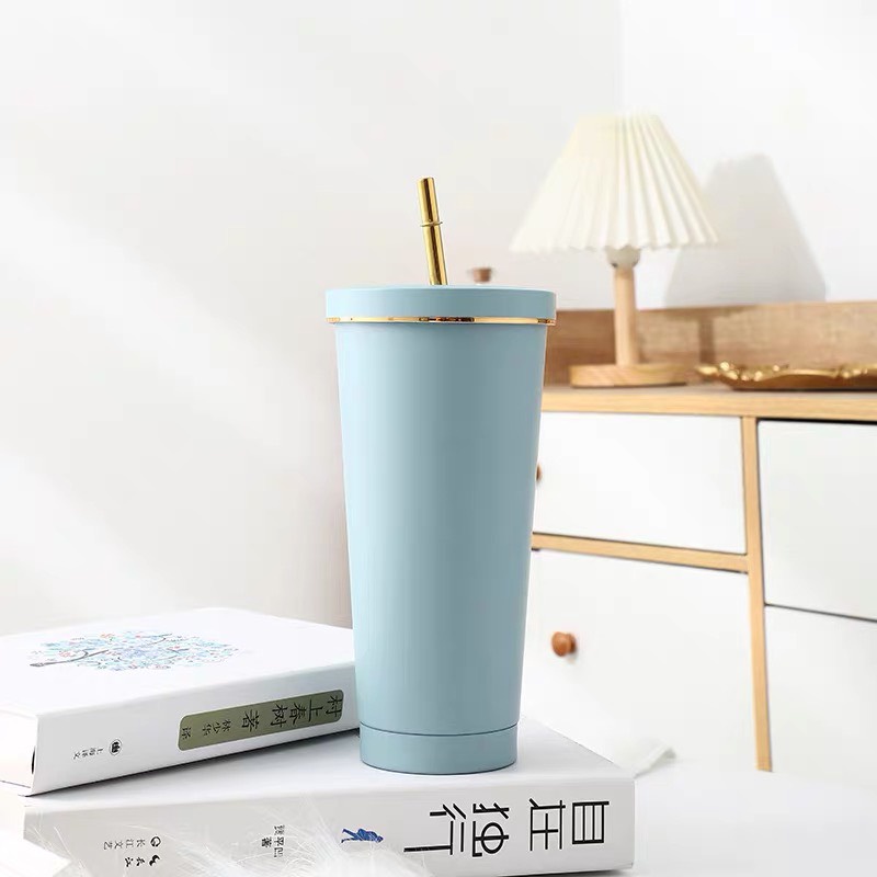 Ly giữ nhiệt cao cấp inox 304 viền mạ vàng 750-ml tặng kèm ống hút + cọ rửa