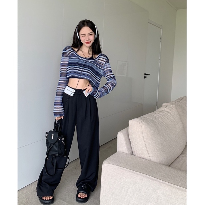 QADCOL Áo Thun Nữ Tay Dài Kẻ Sọc Thời Trang Hàn Quốc