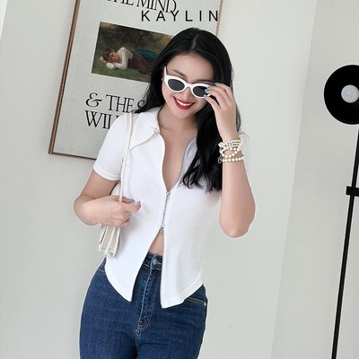 Áo thun KAYLIN Freesize form ôm cổ sơ mi phối dây kéo hai đầu chất vải thun cỏ giãn phong cách trẻ trung - N1770