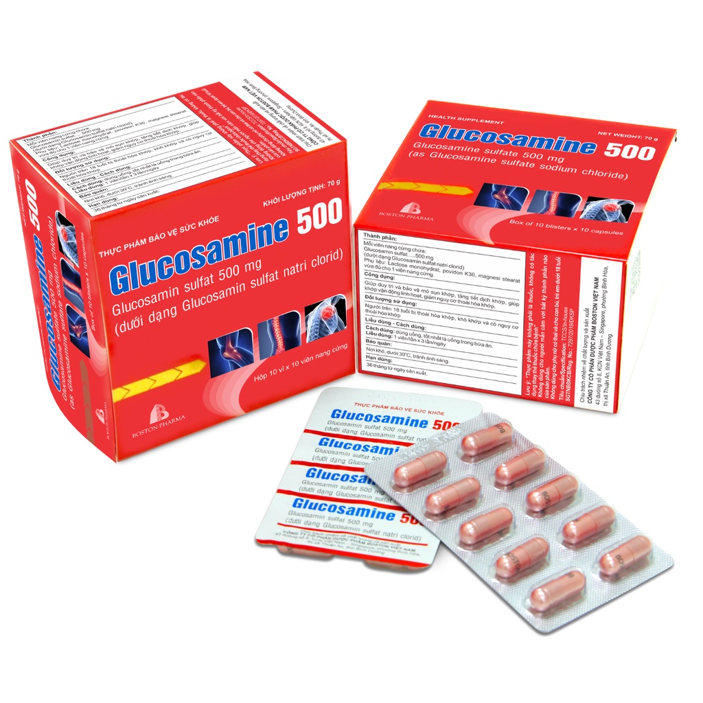 Thực phẩm bảo vệ sức khỏe Glucosamine 500 Boston Giúp duy trì và bảo vệ mô sụn khớp, tăng tiết dịch khớp - 100 viên