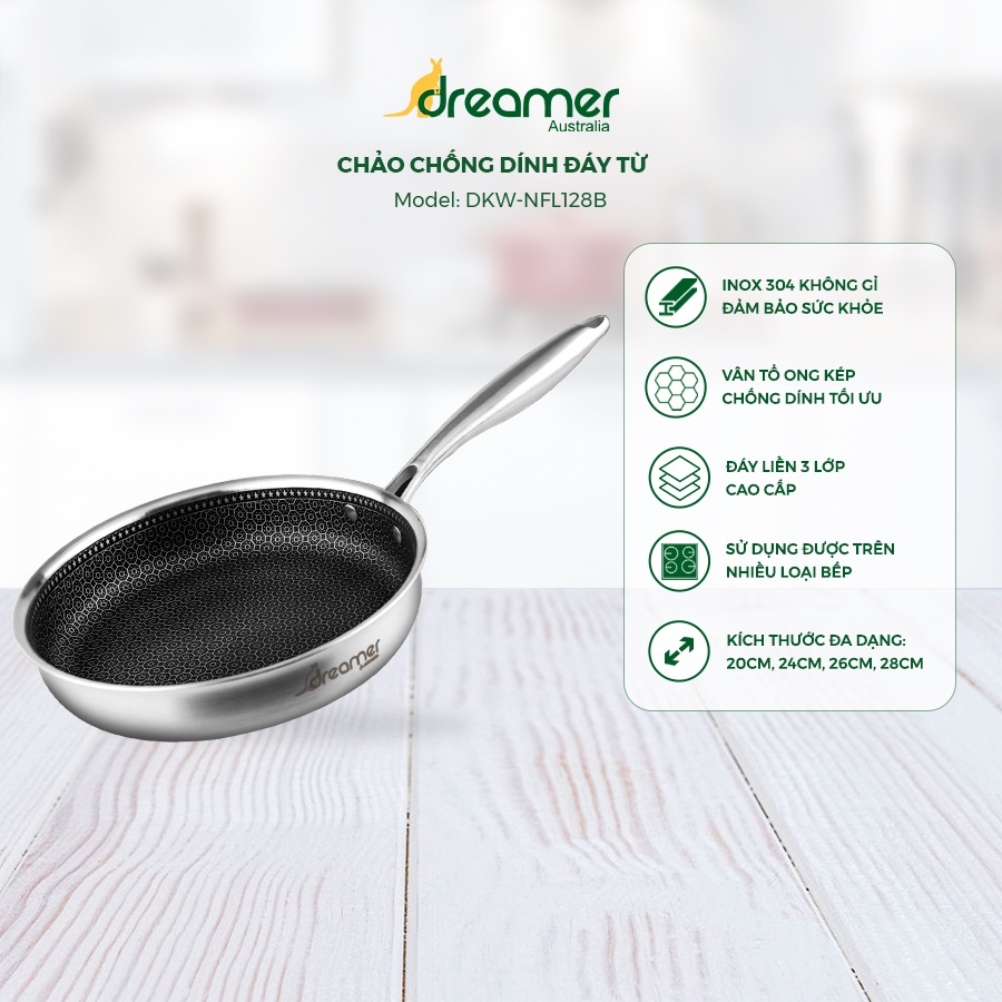 Chảo chống dính bếp từ Inox Dreamer Úc cao cấp -  cấu trúc tổ ong - nắp kính - size 20 - 24 - 26 - 28cm