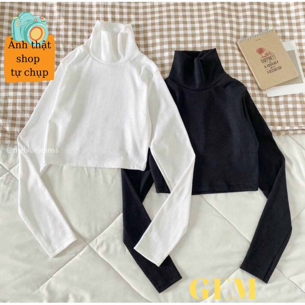 Áo croptop tay dài cổ lọ ôm body , áo thun nữ cổ cao