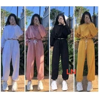 Set áo croptop rút bụng +Quần bom chun ống- Latat Shop