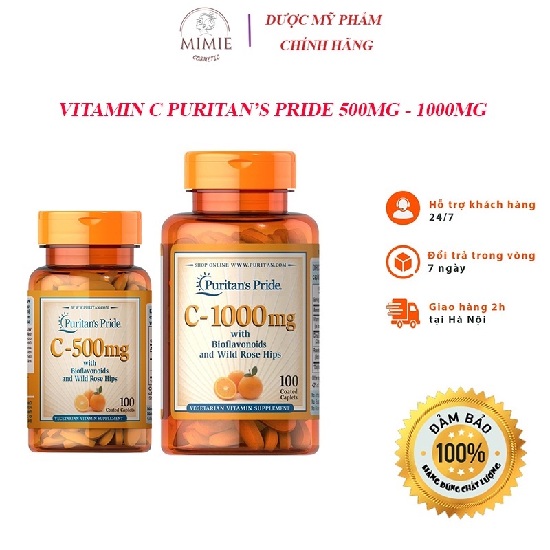 Viên uống vitamin C Puritan's pride - bổ sung vitamin C giúp sáng da, mờ nám, làm đẹp da 500mg - 1000mg