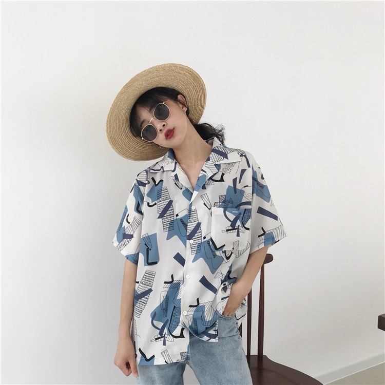 Áo chiffon nữ cổ chữ V in họa tiết phong cách retro