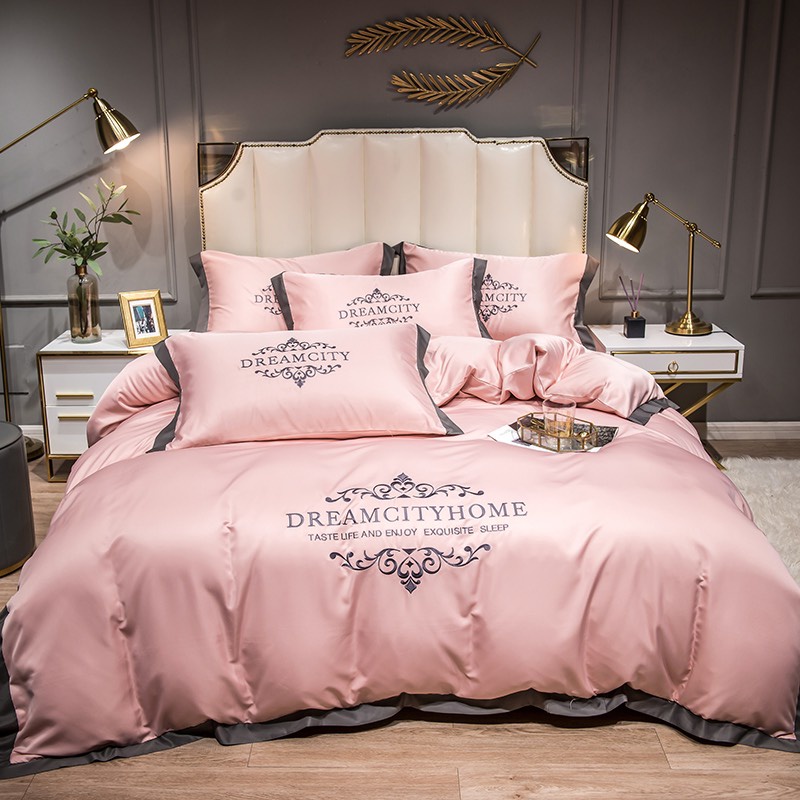 Bộ chăn ga gối lụa Dream City Home tân cổ điển, Chất Liệu phi lụa không nhăn mềm mịn,thoáng mát họa tiết thêu sang trọng