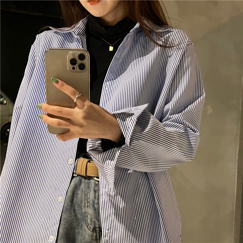 Áo Sơ Mi Tay Dài Họa Tiết Kẻ Sọc Phong Cách Retro Hàn Quốc