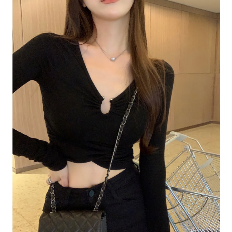 Áo thun lửng tay dài cổ chữ V thời trang Hàn Quốc cho nữ