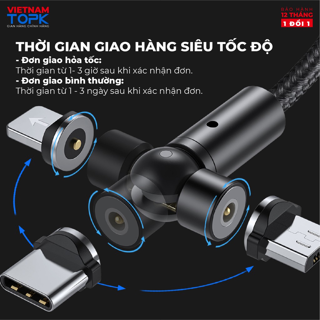 Dây sạc nam châm iPhone Type-C Micro USB TOPK AM68 - Sạc nhanh 3A Dây dù 1m - Hàng chính hãng Bảo hành 12 tháng 1 đổi 1