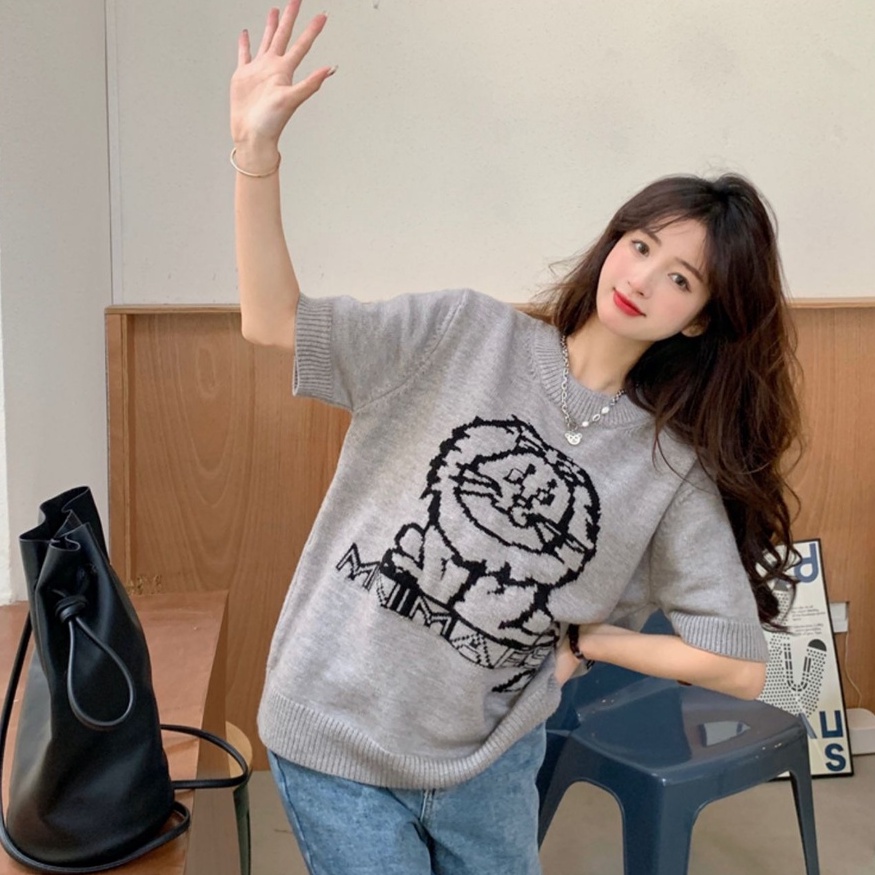 ZHELIHANGFEI Áo len dệt kim thêu ngắn tay áo ngắn tay kiểu dáng rộng rãi đa năng