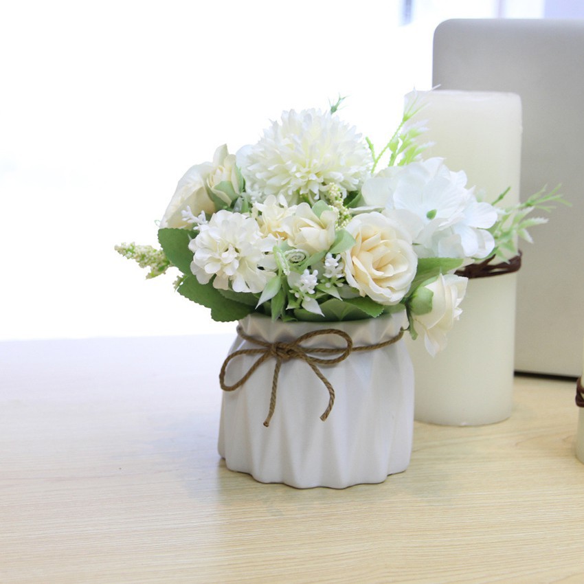 Chậu Hoa giả trang trí để bàn, hoa Macaron, chậu bằng sứ đẹp - HF004  (nhiều màu lựa chọn)