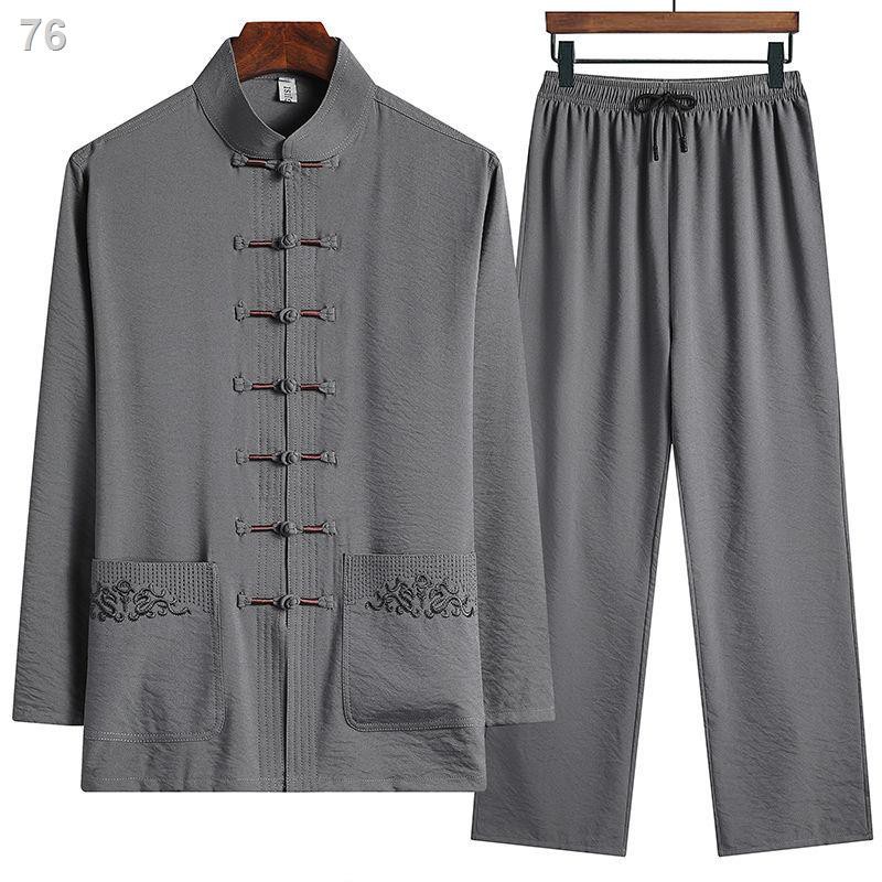 Bộ quần áo dài tay dành cho nam giới trung niên và cao tuổi Bố Mùa hè vải lụa cotton nam Bộ đồ lễ phục phong cách Trung