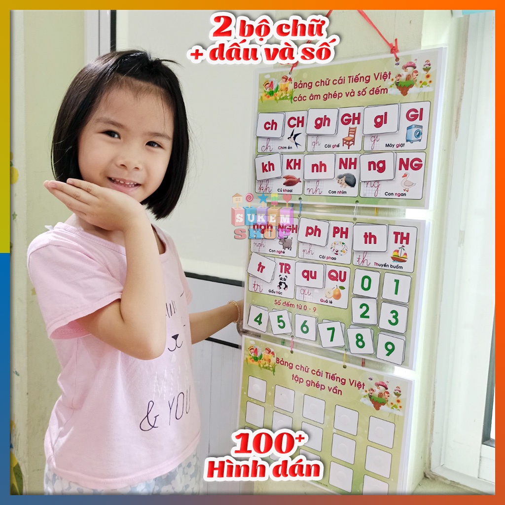 Bảng chữ cái tiếng việt kèm chữ ghép và số bóc dán treo tường cho bé