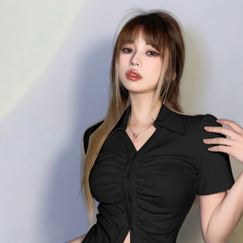 Áo cổ bẻ cúc dọc nhún thun gân - TT01