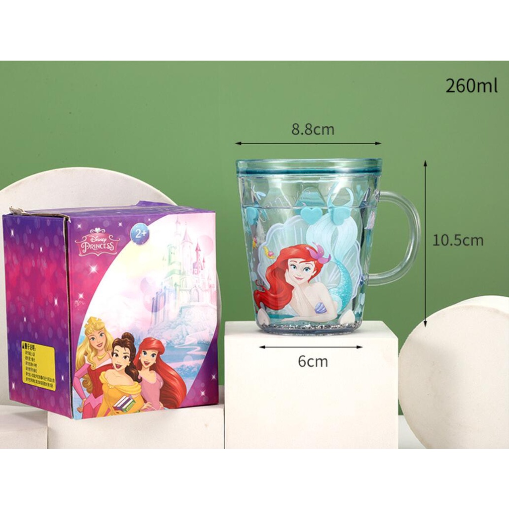 Ly nước Disney 2 lớp nhũ kim tuyến rơi lung linh có quai cầm hình Frozen Mickey Minnie Ariel cho bé
