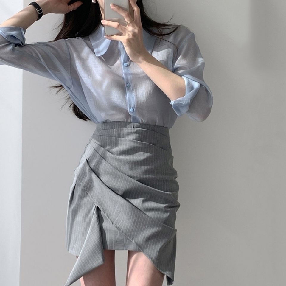 Set Áo Sơ Mi Dài Tay + Chân Váy Kẻ Sọc Thời Trang Nữ