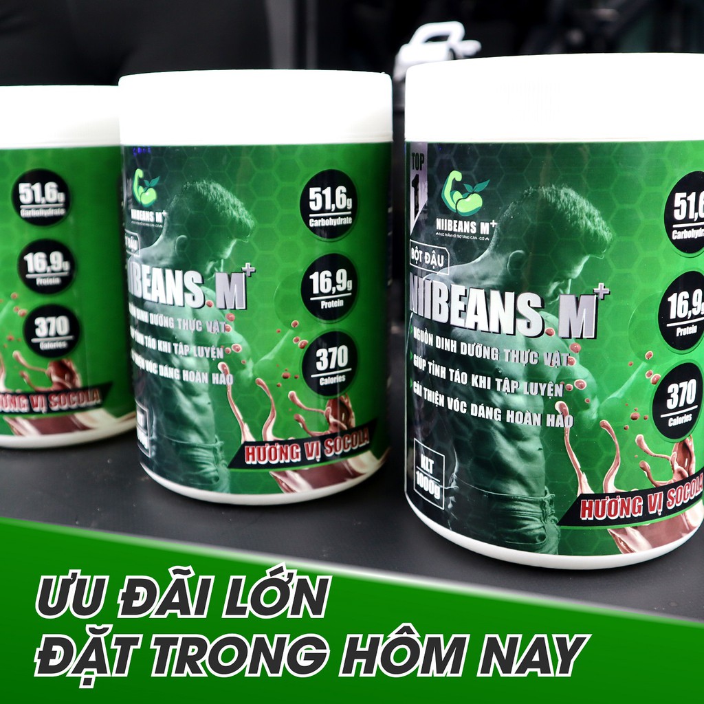 Combo 2 hũ Bột đậu Niibeans M+ Tăng cân Tăng cơ Hương vị Sô Cô La (1kg/hũ)