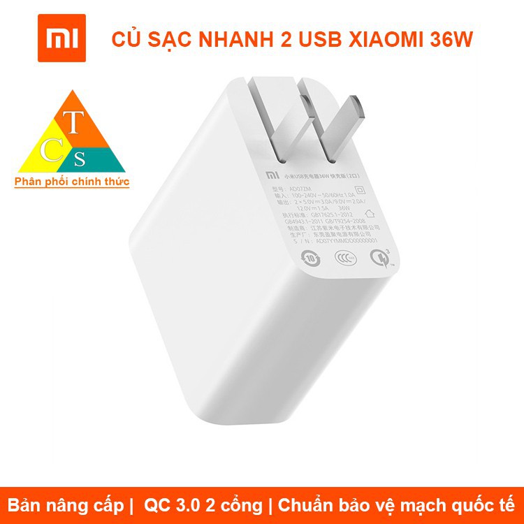 Củ sạc nhanh 2 cổng 36w xiaomi | BH 7 ngày