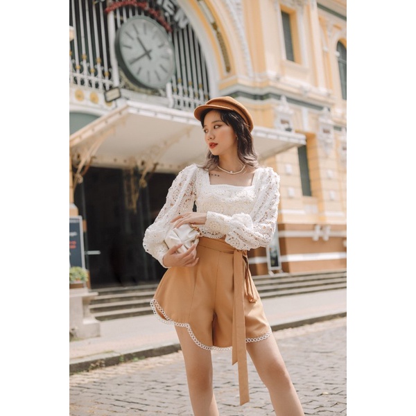 SÒ VINTAGE - DABI Quần short viền ren kèm belt vải
