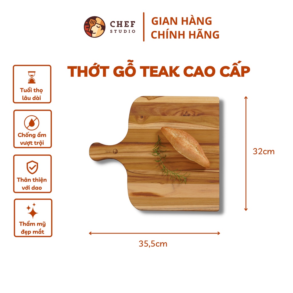 Thớt gỗ Teak Chef Studio cao cấp hình vuông có tay cầm, dùng cho cắt thái và trang trí