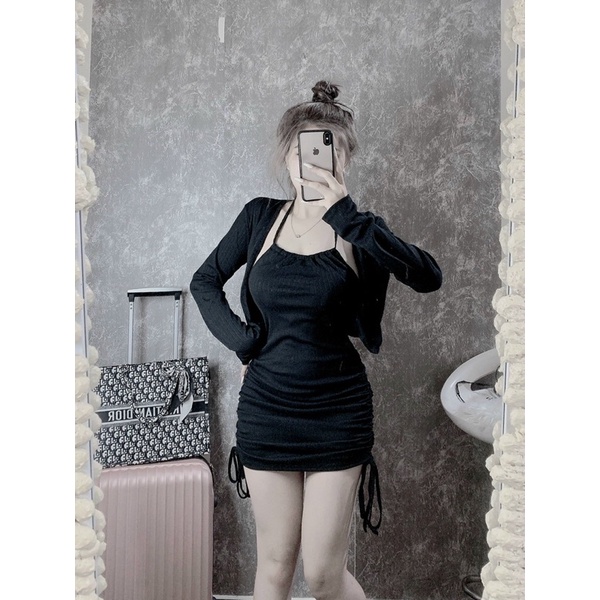 SET ĐẦM BODY CỔ YẾM DÂY RÚT HÔNG KÈM ÁO KHOÁC SEXY
