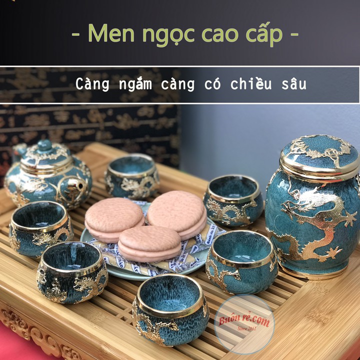 Bộ ấm chén xanh bọc đồng ngọc long tiên sinh kèm bình sang trọng 01131 Buôn Rẻ