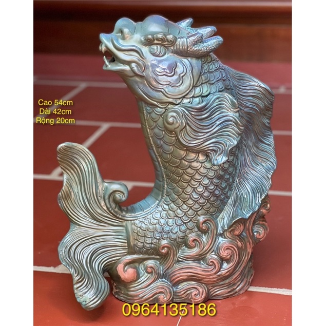 Tượng cá chép hoá rồng h54cm phun nước men hoả biến xanh dương gốm sứ Bát Tràng
