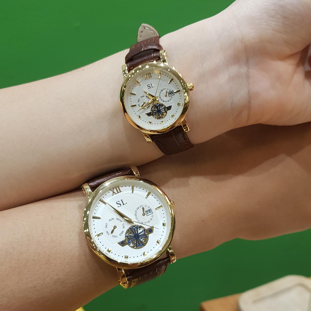 Đồng hồ cặp đôi nam nữ SL dây da viền vàng lộ máy chống nước chính hãng giá rẻ Tony Watch 68