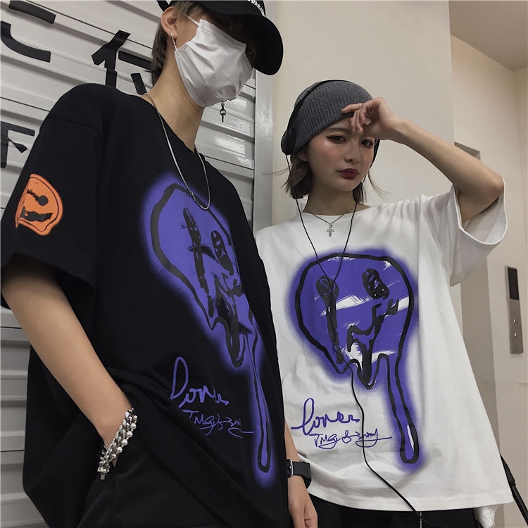 Áo Thun Tay Ngắn Dáng Rộng In Hình Mặt Cười Phong Cách Hip-Hop