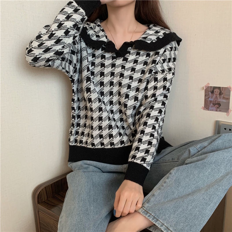 Áo dệt kim tay dài cổ búp bê dáng rộng phong cách hàn quốc