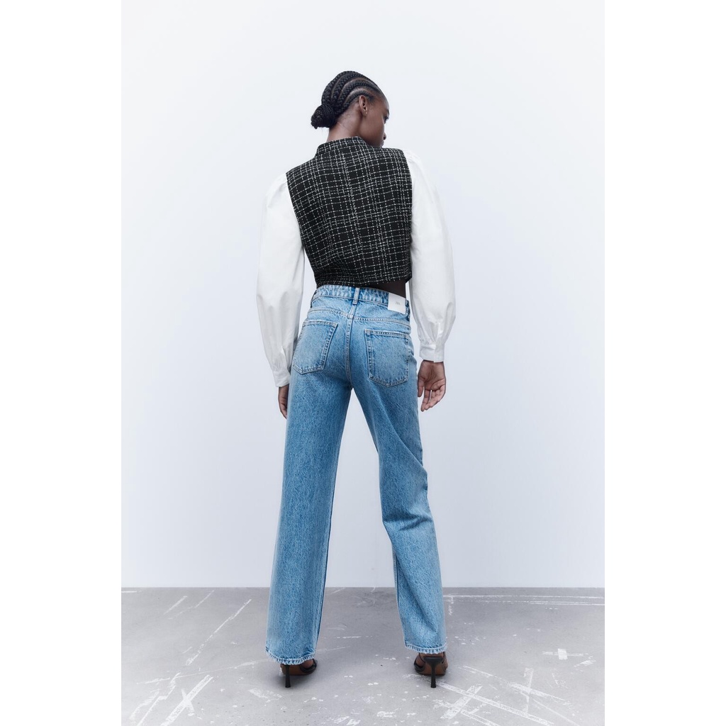 Made in Morocco - Áo Zara Sơ Mi Tay Dài Dáng Ngắn Phối áo gile karo AK07SMG45N9