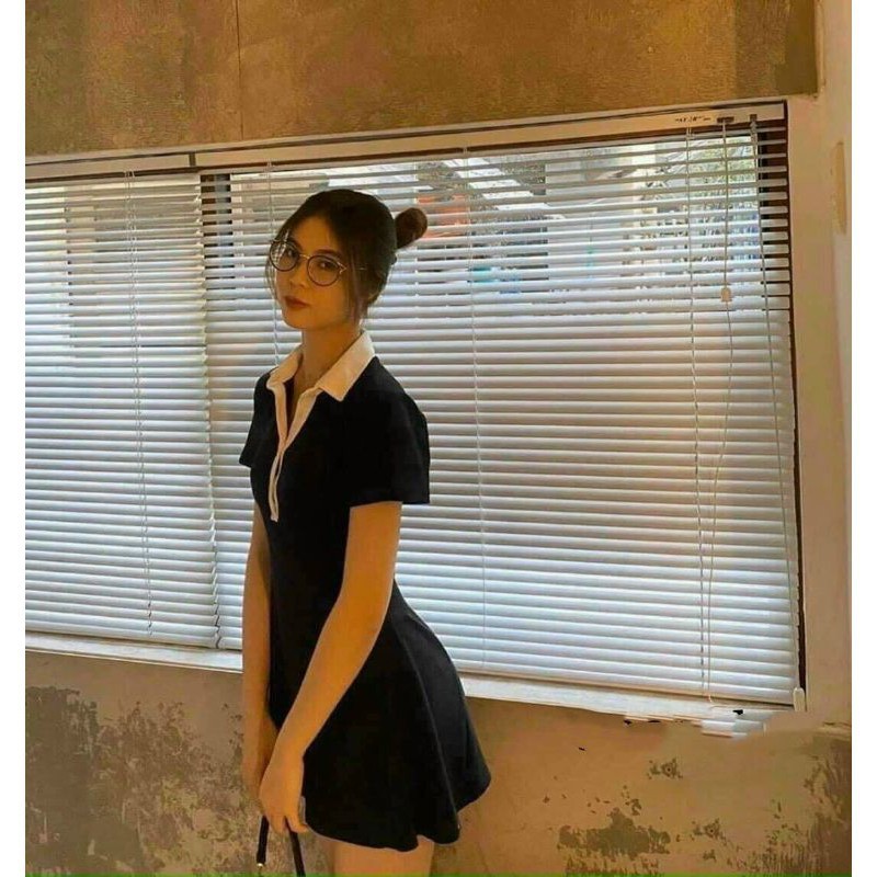 Đầm Dáng Ôm Body Polo Chất Thun Gân Co Dãn Màu Đen viền cổ trắng (chất vải quảng châu) | BigBuy360 - bigbuy360.vn