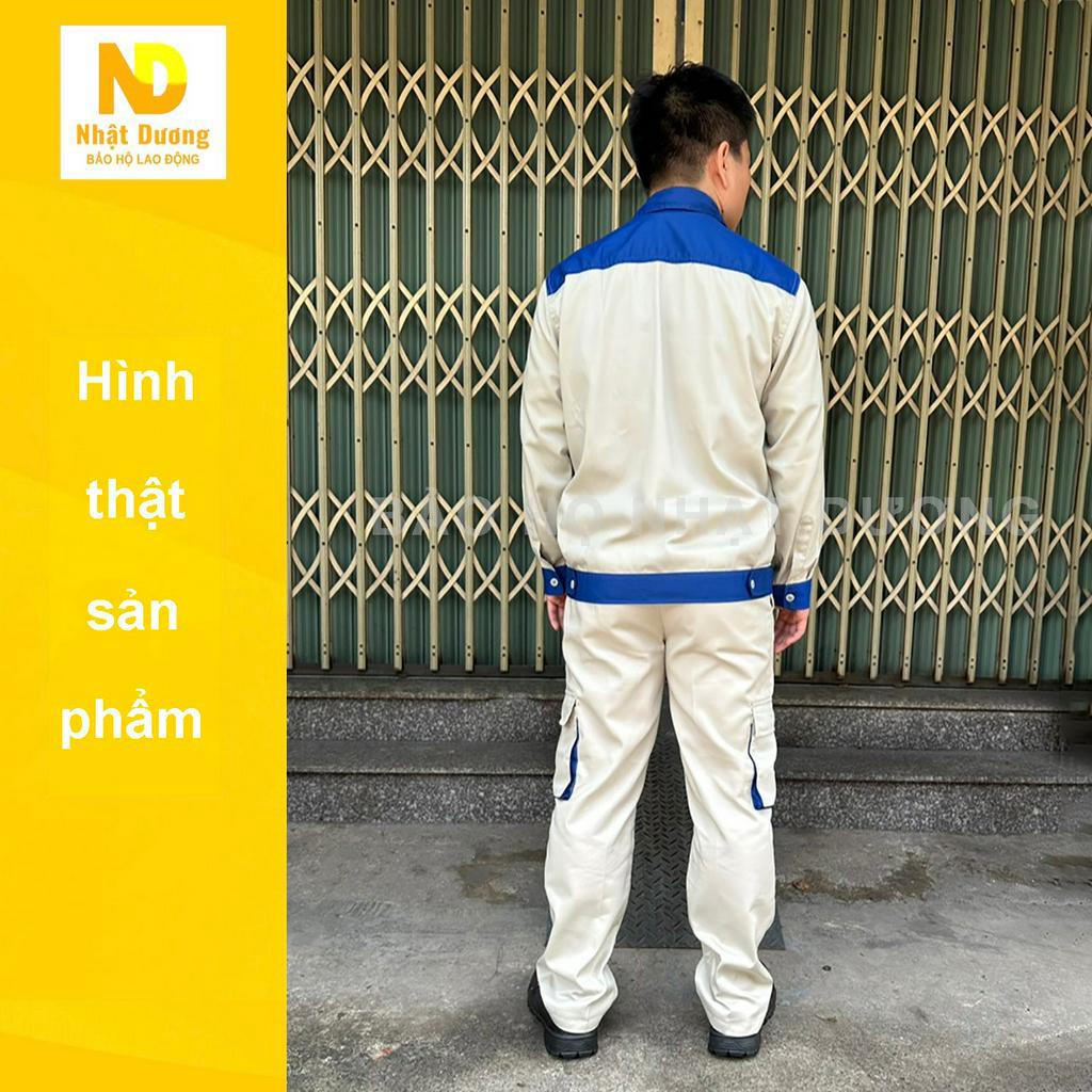 Quần áo lao động nam nữ túi hộp vải kaki 3/1 màu ghi ND19, Đồ bảo hộ lao động Nhật Dương dài tay bền chắc
