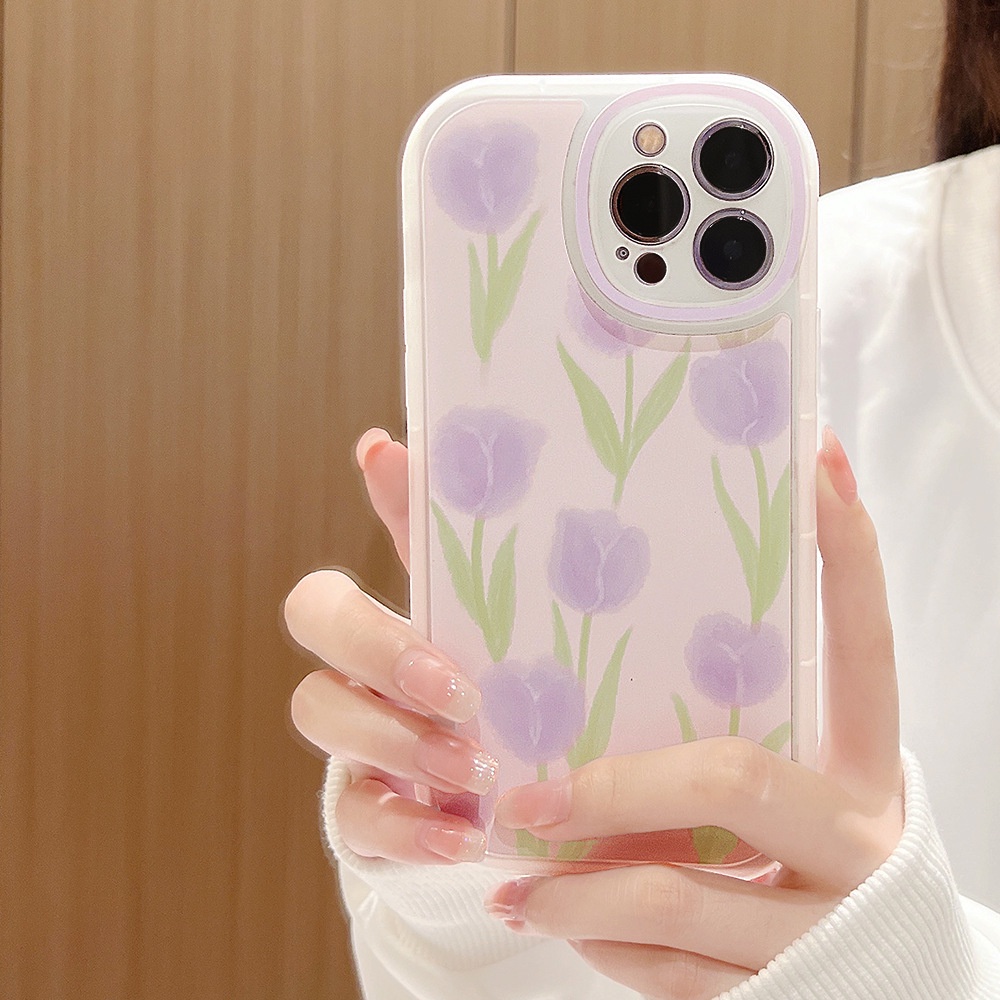 Ốp Điện Thoại Hình Hoa Tulip Tím Phối Dây Xích Thắt Nơ Cho Iphone 11 8 7 Plus SE2 XS XR 12 13 Mini PRO MAX