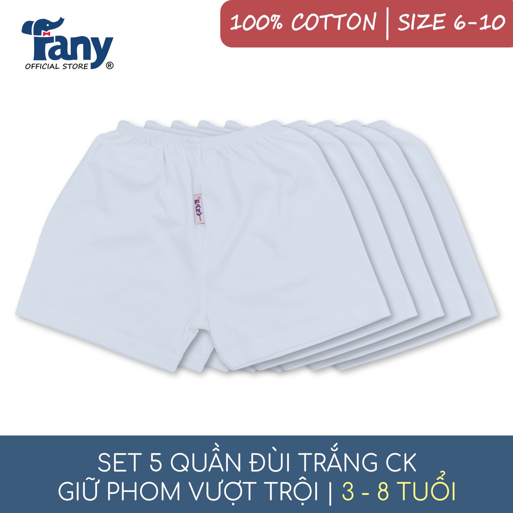 Set 5 quần đùi trắng CK Fany® size 6-10 cho trẻ 3-8 tuổi 100% cotton mểm mại-thấm hút-thoáng khí 5 quần/ bịch