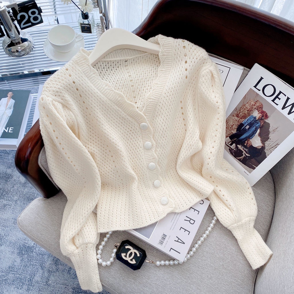 Áo Khoác Cardigan Dệt Kim Mỏng Dáng Ngắn Cổ Chữ V Phối Ren Phong Cách Hàn Quốc Cho Nữ