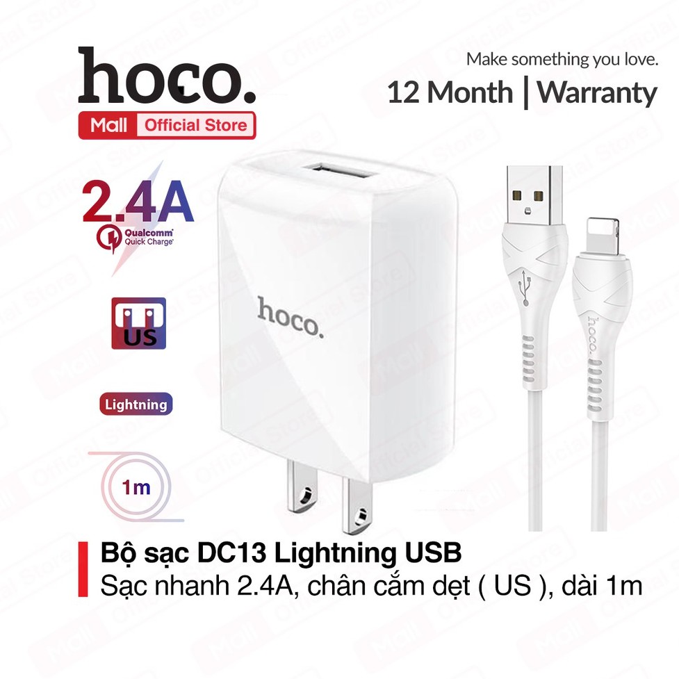 Bộ Sạc Dc13 Iphone Usb, Sạc Nhanh 2.4A, Tương Thích Với Nhiều Dòng Iphone/Ipad, Chân Cắm Dẹt Tiêu Chuẩn Us, Đài 1M