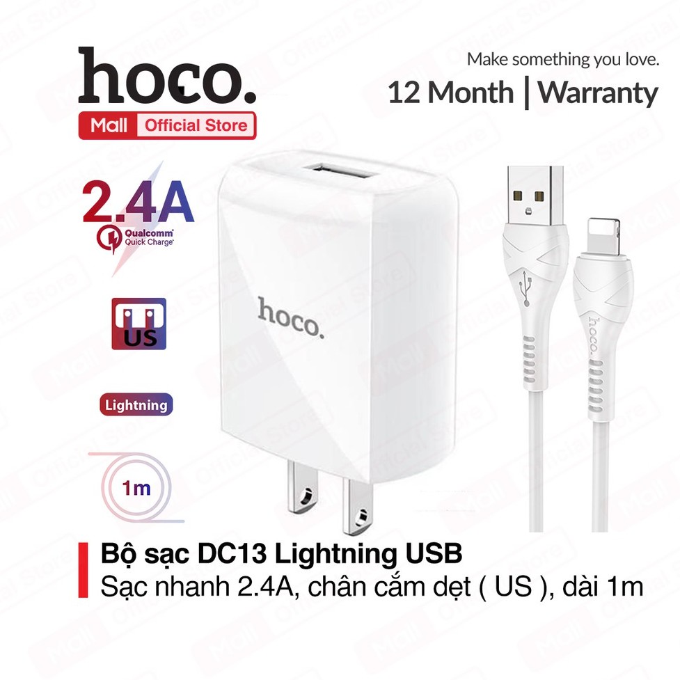 Bộ sạc DC13 IPHONE USB, sạc nhanh 2.4A, tương thích với nhiều dòng iPhone/iPad, chân cắm dẹt tiêu chuẩn US,đài 1m