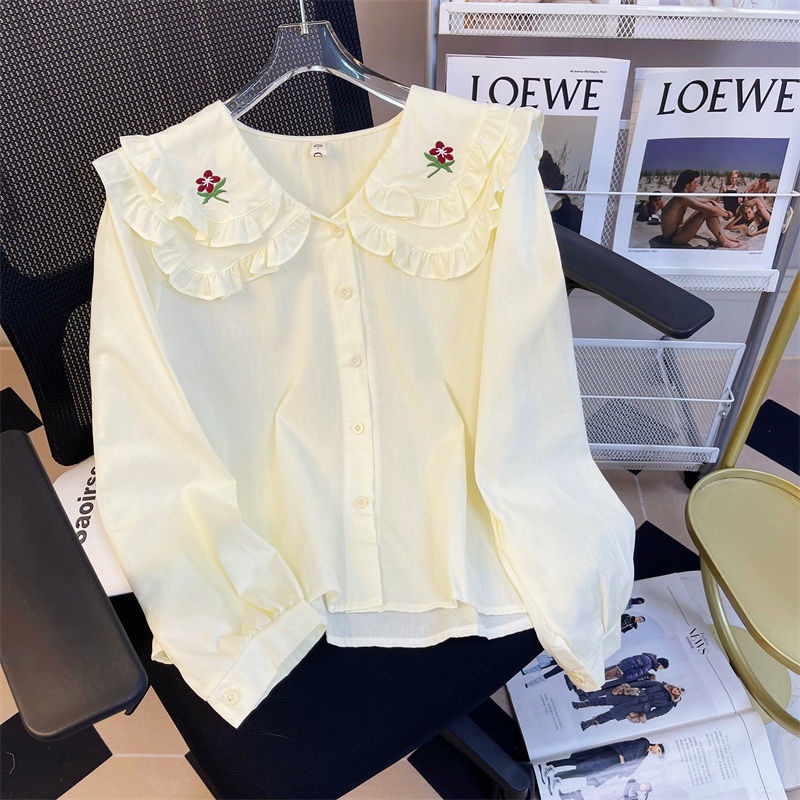 Áo Sơ Mi Tay Dài Dáng Rộng Cài Khuy Cổ Búp Bê Thêu Họa Tiết Màu Trơn Thoải Mái Thời