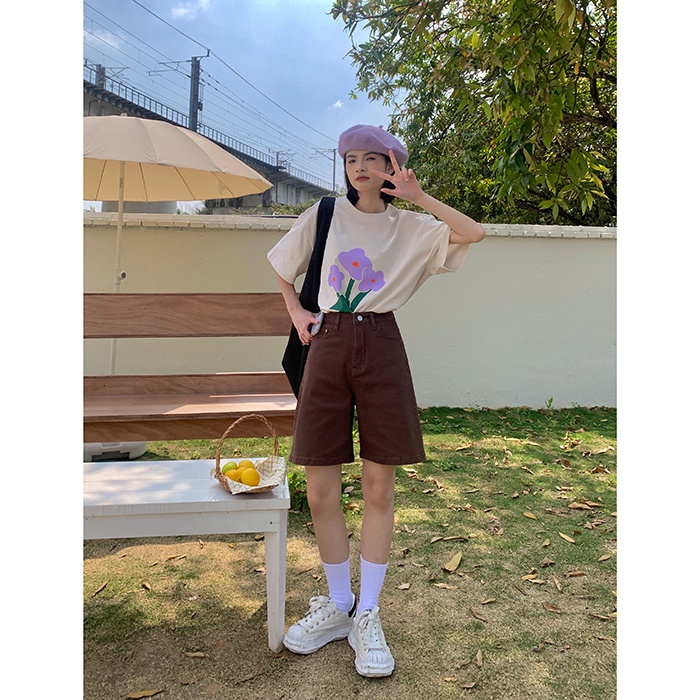 Quần Short denim Lưng Cao Ống Rộng Thời Trang retro Cho Nữ