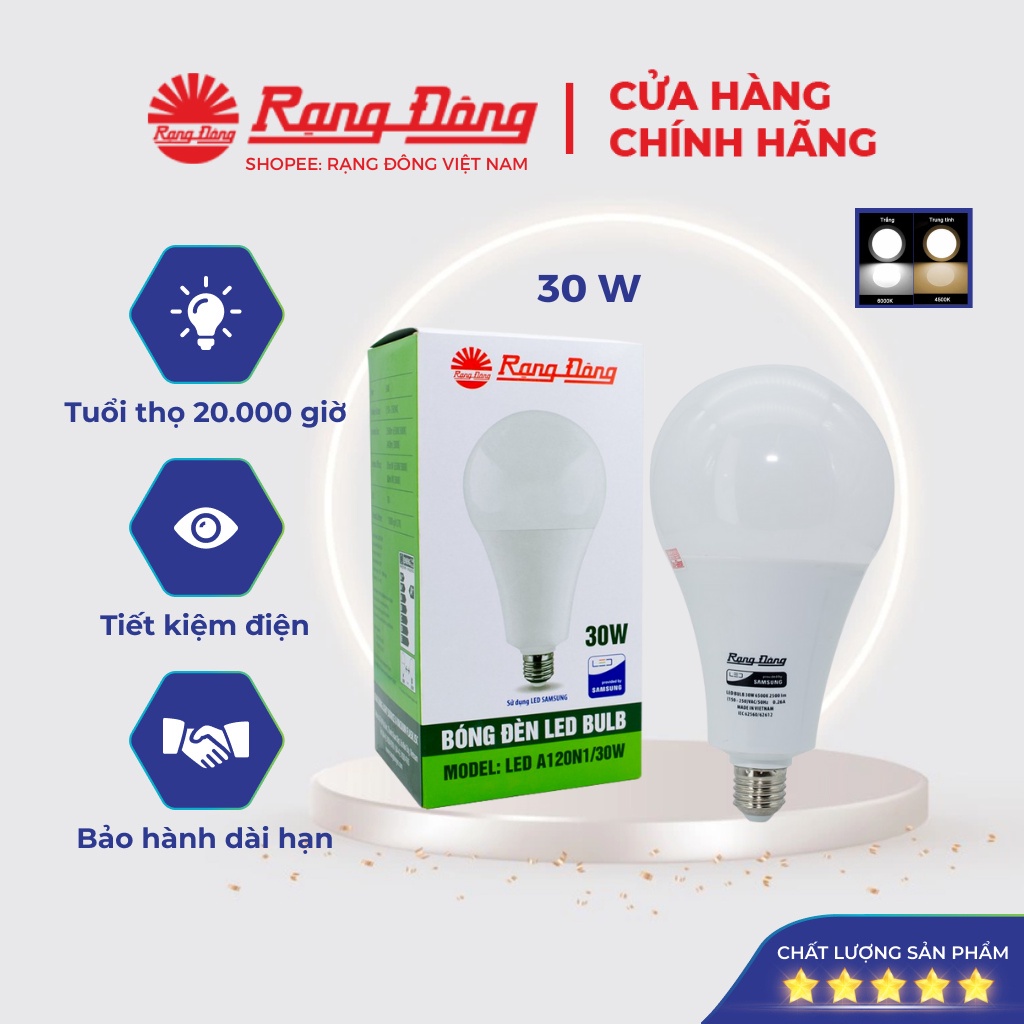 Bóng đèn LED BULB A tròn 30W Rạng Đông, siêu sáng, tiết kiệm điện, Model LED A120N1/30W, Bảo hành 2 năm